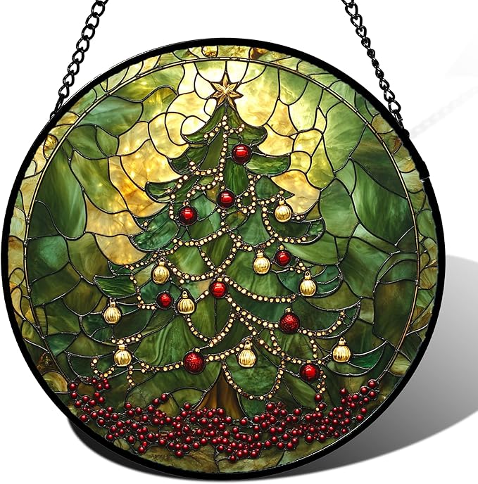 Stained Glass Window Hanging - Retro Green Christmas Tree Suncatcher for Doors Home Christmas Decoration Sun Catcher Thanksgiving New Year Birthday Gifts for Women Men Mom Nana 11.8 in