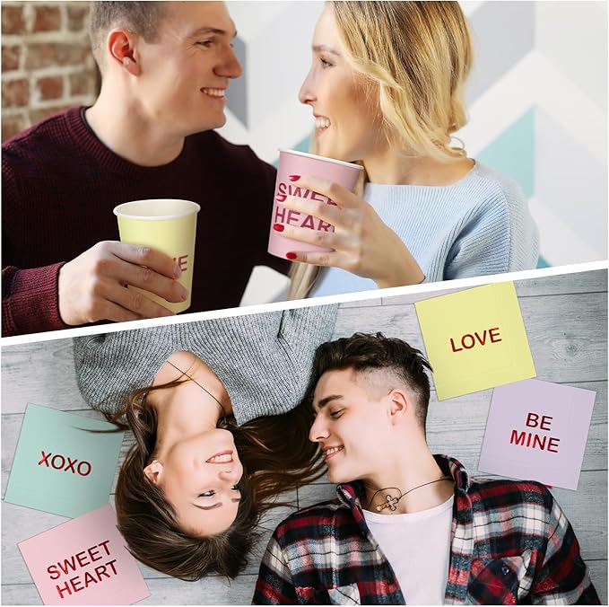 342 Pcs Valentine's Party Supplies Conversation Heart Tableware Set Serve 48 Conversation Heart Plates Napkins Cups Forks Knives Spoons Tablecloth Valentines Party Decor Disposable Dinnerware