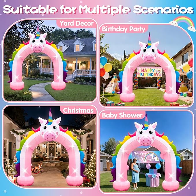 10FT Inflatable Unicorn Arch Outdoor Decorations Giant Rainbow Inflatables Arch Built-in 5 LED Lights Blow Up Pastel Unicorn Garden Yard Lawn Decor for Easter Wedding Baby Shower Girls Birthday Party