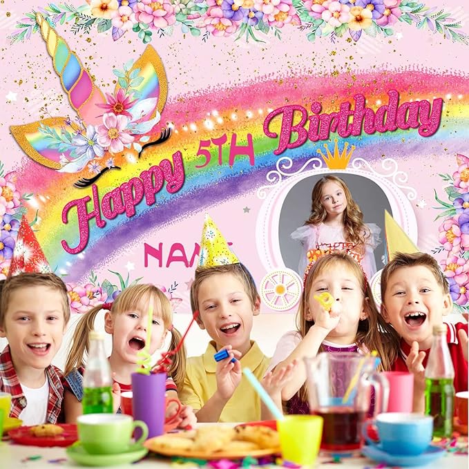 Custom Unicorn Rainbow Happy Birthday Party Decorations Supplies Personalized Unicorn Rainbow Birthday Backdrop Banner(5x7.5ft)