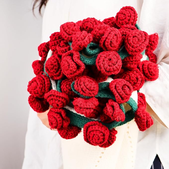 cagulax Birthday Gifts for Women Valentines Day, Rose Crochet Flowers Bouquet Blanket, Anniversary Wedding Graduation Gifts for Couples Wife Girlfriend Friends, Soft Rose Knitted Blanket 43 Inches