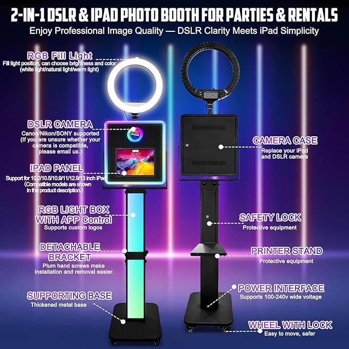 Photo Booth for iPad 10.2" 10.9" 11" 12.9" & Camera,2-in-1 Selfie Station Shell Stand Camera Photobooth Machine,App Control RGB Fill Light,for Parties,Rental Business (Black + Flight Case)