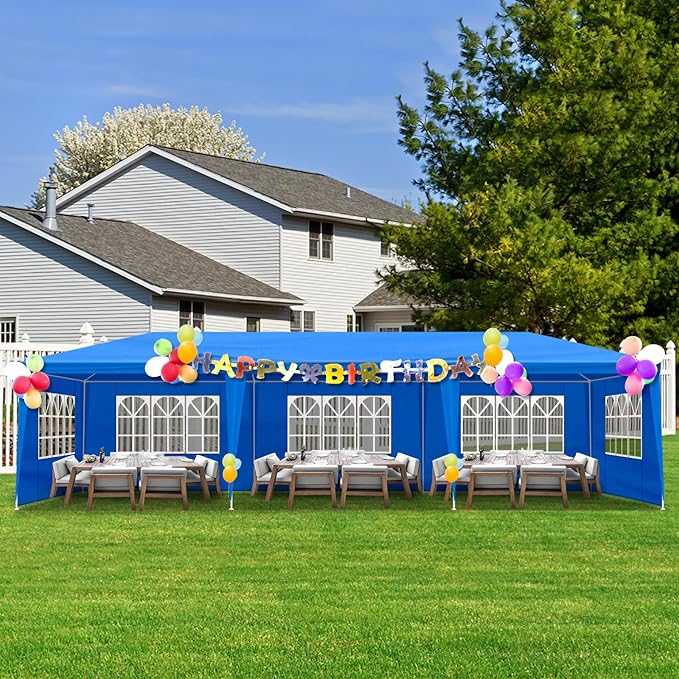 Party Tent for Outdoor Weddings, Birthdays, Events - Patio Gazebo Carport Canopy Shade With Removable Sidewalls & Transparent Window (10'x30'/8 Sidewalls Blue)