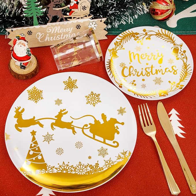 Supernal 150pcs Christmas Plates, Christmas Plastic Dinnerware include Gold Plastic Plates,Gold Disposable Silverware, Disposable Cups, Xmas Party Plate for 25 Guests