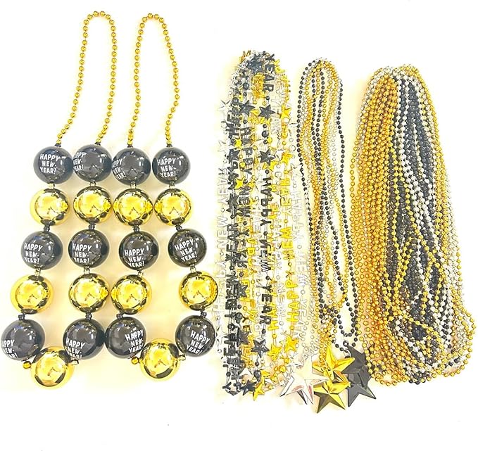 50 Pcs with 4 Styles Happy New Year Bead Necklaces Black Gold Silver New Year's Eve Jumbo Beads Necklaces New Year Party Decoration