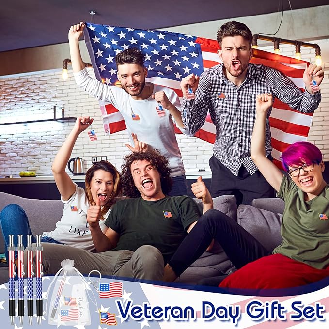 Qilery 400 Pcs American Flag Lapel Pins Ballpoint Pen Patriotic Flag Keychains Thank You Card Organza Gift Bag for Home Office Party Supplies