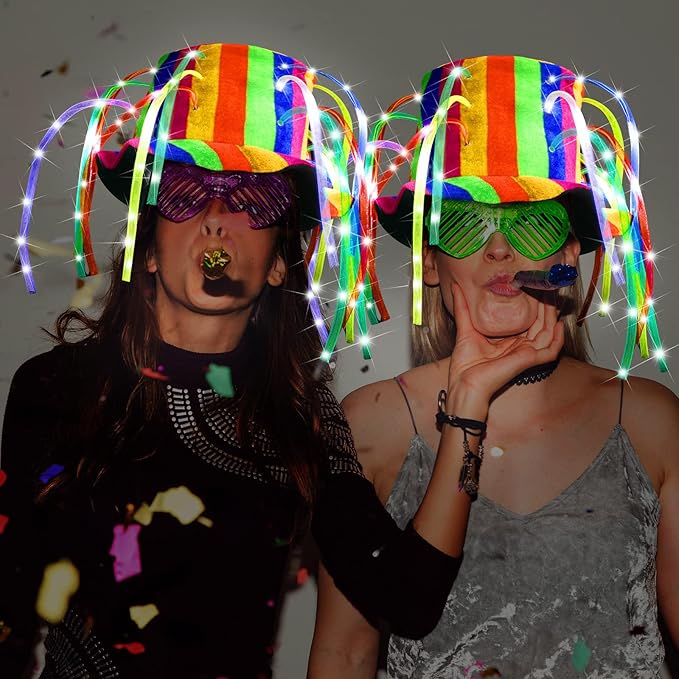 Wesiti 6 Pcs LED Funny Clown Crazy Hat Light up Jester Glow in Dark Crazy Hat Mardi Gras Noodle Hair for Adults Party Cosplay Costume Decor Supplies