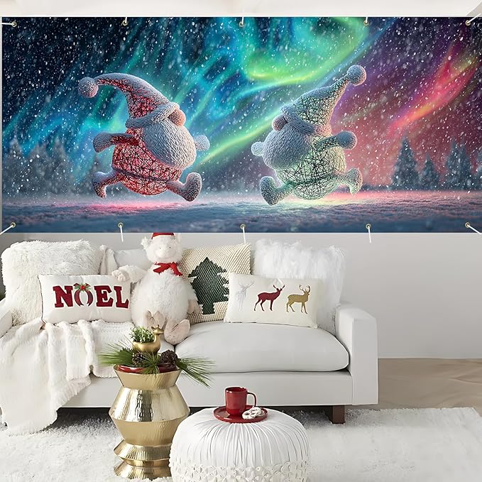 Christmas Garage Door Banner 7x16FT Dancing Gnomes Under Aurora, Holiday Garage Door Cover for Outdoor Decorations & Yard Displays
