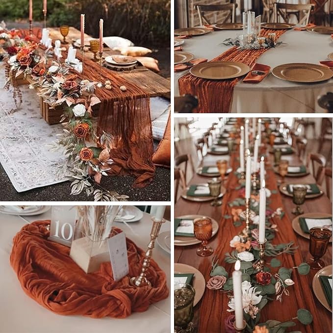 16Packs Red Cheesecloth Table Runners – Boho Gauze Vintage Table Decor, 120 Inch Long Rustic Cloth Runner for Wedding, Bridal Shower, Birthday, Romantic Party 10Ft (Terracotta, 24" x 120"-16Packs)