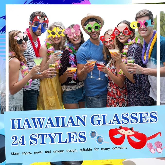 Junkin 24 Pairs Luau Party Sunglasses Funny Hawaiian Tropical Glasses Favors Novelty Fancy Eyeglasses Photo Booth Props for Adults Teens Birthday Summer Beach Themed Party Supplies Decoration