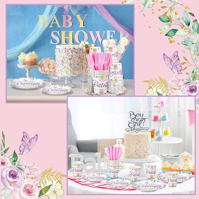 Dandat 350 Pcs Baby Shower Plates Set Baby Shower Party Supplies Serves 50 Tableware Sets Include Plates Napkin Cup Forks Knives Spoons Disposable Dinnerware(Butterfly,Purple)