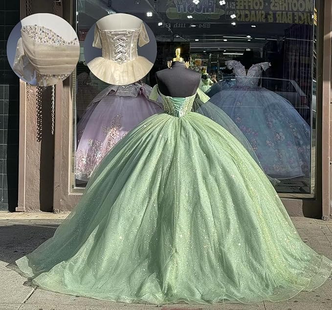 Youjiayi Glitter Tulle Quinceanera Dresses with Train Off Shoulder Beaded Sweet 16 Dresses Pleated Long Ball Gown for Women