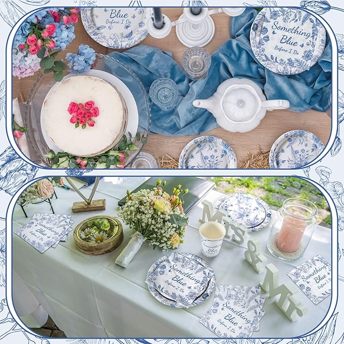 Zhehao 250 Pcs Something Blue Bridal Shower Plates Napkins Sets 50 Pcs 9'' Dinner Plates and 7'' Dessert Plate and 9oz Cups 100 Napkins Serves 50 Party Supplies Bridal Shower Engagement Decoration