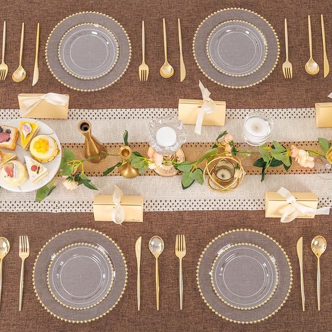 LIYH 150 Pcs Clear and Gold Plastic Plates - Elegant Disposable Gold Plastic Dinnerware set Include Dinner & Dessert Plates for Birthday Party Wedding 30 Guests