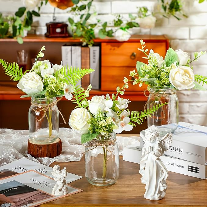 XunYee 10 Set Mason Jar Table Centerpiece with Flower Mason Jar Flower Centerpiece Vases Decor for Engagement Party Bridal Shower Centerpieces Wedding Reception Table Decor(Rose)