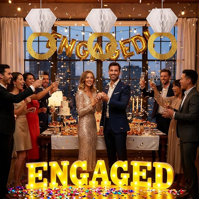 10 Pcs Engagement Party Decorations Glitter Gold Honeycomb Engagement Ring Hanging Decorations Engaged LED Letter Lights Table Decoration for Bachelorette Wedding Anniversary Party Decor