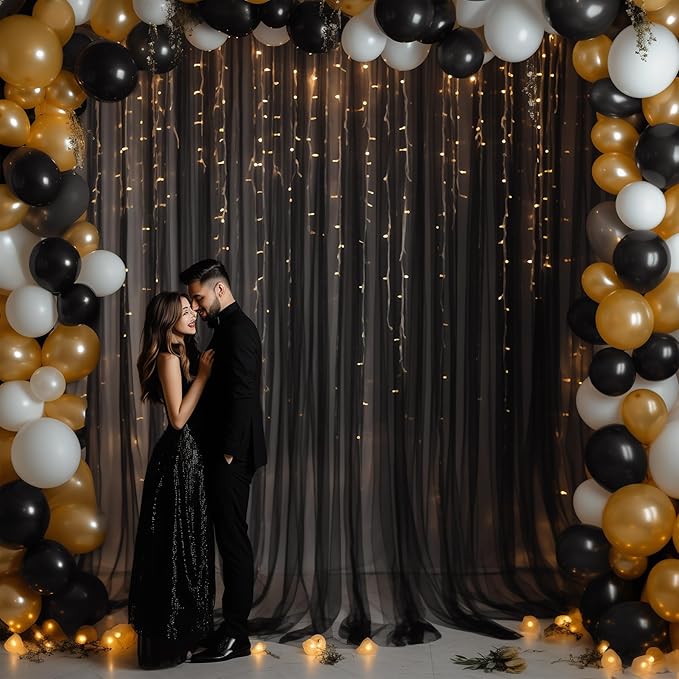 30x8ft Black Tulle Backdrop Curtain with Lights String for Parites, Sheer Photo Backdrop Curtains with Lights for Wedding Backdrop Ceremony Reception Bridal Shower Baby Shower Birthday Party