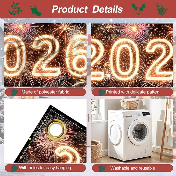 2026 New Year Garage Door Banner 7x16FT, Neon Glow 2026 Fireworks Garage Door Cover, Large Outdoor Happy New Year Decoration Backdrop for Garage Door, Fence, Yard, Party Photo Booth