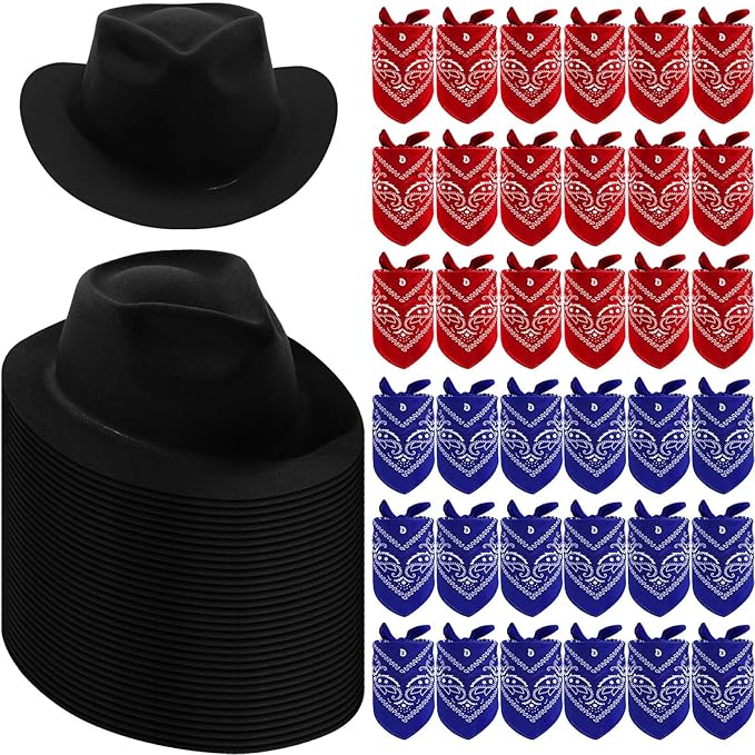 Hillban 72 Pcs Western Cowboy Hat and Paisley Bandana Set for Kids Felt Cowboy Party Hats for Costume Party Favors(Black)