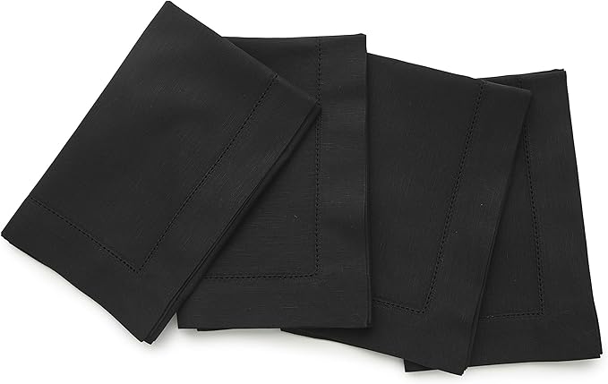 Solino Home Black Napkins Set of 4 - Cotton Linen Hemstitch Dinner Napkins Cloth 20 x 20 Inch for Winter, Spring, Easter - Handcrafted and Machine Washable