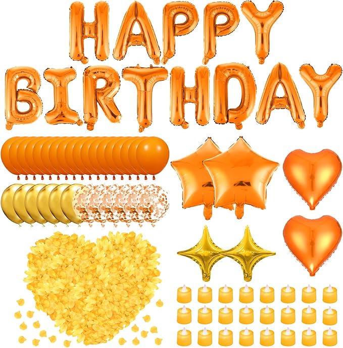 Orange Birthday Balloons Decorations Orange Happy Birthday Balloon Letters Banner with 6 Pcs Star Balloons Artificial Rose Petal 24 Flameless LED Candles for Room Hotel Party Decorations Supplies