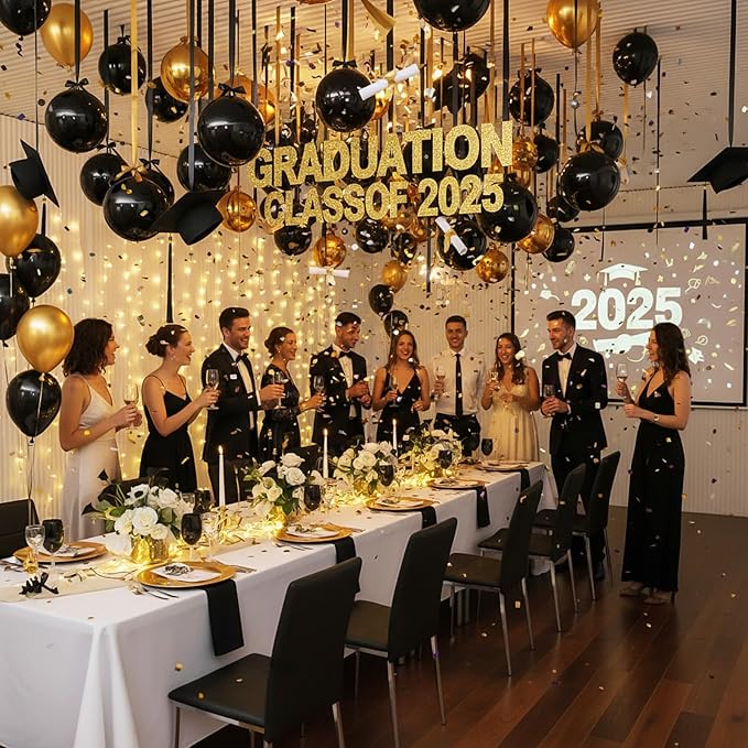 Jenaai 30 Set Round Foil Balloons Bulk 22 Inch 4d Metallic Giant Balloons Set with Satin Bows Ribbon for Ceiling Holiday Ornaments New Year Birthday Wedding Party Decoration(Black Gold)