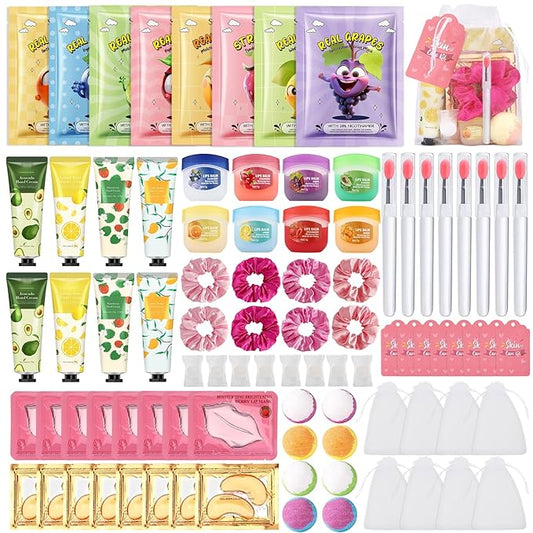 88PCS SPA Party Supplies for Girls, Under Eye Patches, Facial Masks, Lip Mask & Balm, Hand Cream, Foot Bath Bombs, Compressed Towel, Hair Band, Bulk Birthday & Sleepover Party Kit