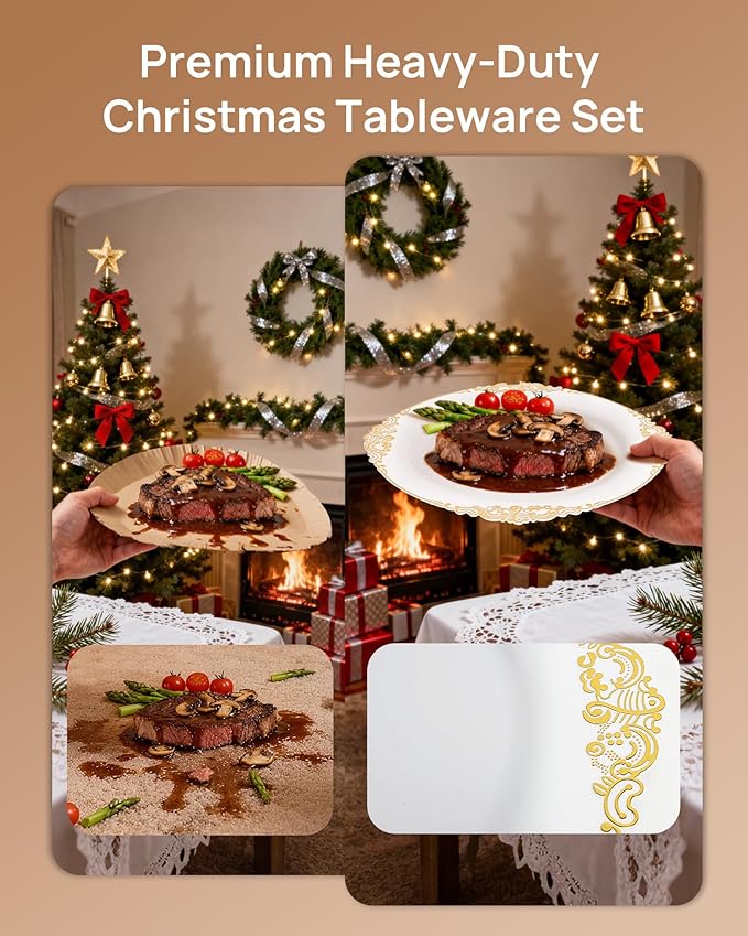 Feagar 175PCS Disposable Plates Set for 25 - Elegant Gold Dinnerware for Party, Wedding, Holiday & Birthday, Includes Dinner & Dessert Plates, Cutlery, Cups, Napkins, Tablecloth & Balloon Decor