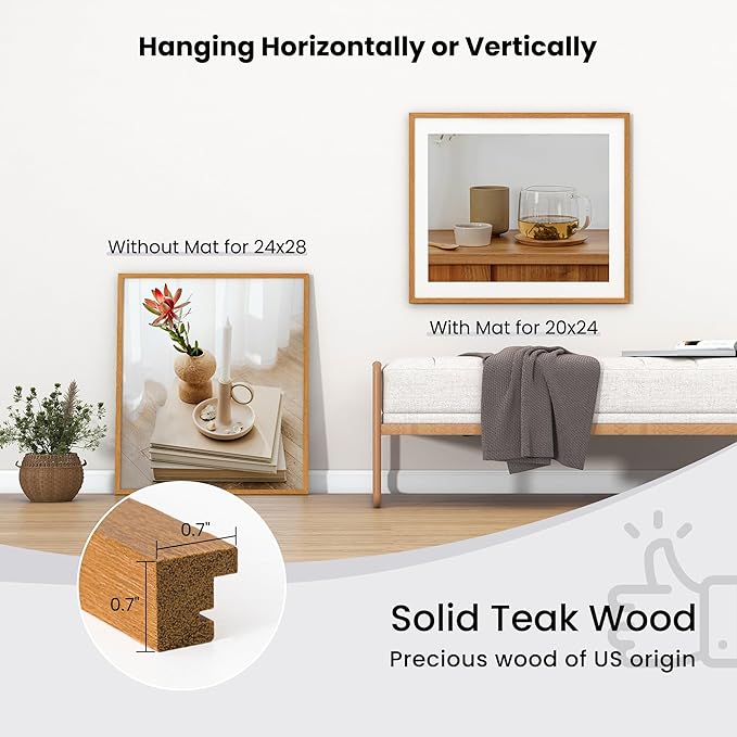 Axeman 24x28 Solid Teak Wood Frame With Mat for 20x24 - Tempered Glass and Hanging Hardware Included Natural Teak Home Decor Art Hanging Frame, Natural Teak