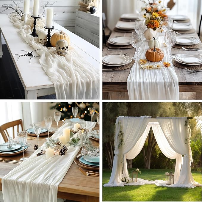 combocube 12 Pack 35x120 Inch 10Ft Cheesecloth Long Table Runner Gauze Rustic Romantic Table Cloth for Wedding Reception Bridal Shower Holiday Birthday Party Table Decorations, White