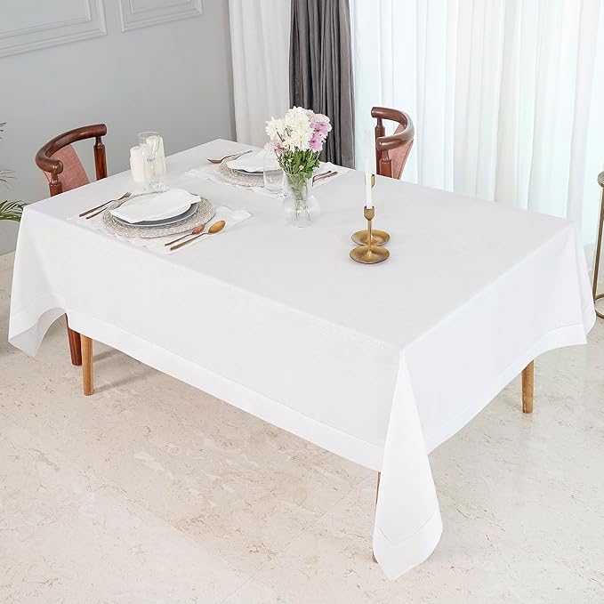 D'Moksha Homes White Linen Tablecloth 60 x 108 Inch - 100% Pure Linen White Table Cloth for Rectangle Tables - Classic Hemstitch, Machine Washable Tablecloth for Valentines, Spring, Easter