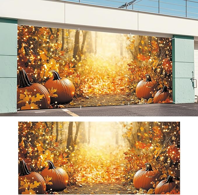 ANNA QUEEN Autumn Glow Pumpkin Garage Door Banner 6 x 13FT, Fall Forest Path with Lights for Spring Easter Parties Christian Home Decor, Outdoor Garage Decoration for Halloween Parties Home Decor