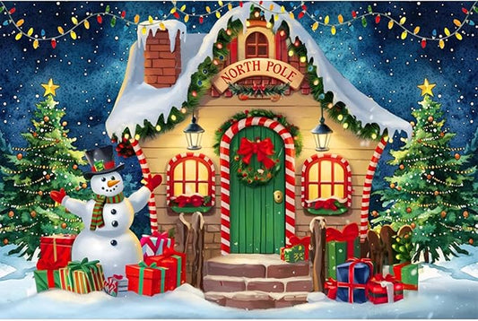 YongFoto Merry Christmas Backdrop 20x10ft North Pole Night Sky Pine Forest House Snowman Xmas Tree Photography Background 2026 New Year Winter Holiday Party Banner Photoshoot Wallpaper Photo Booth