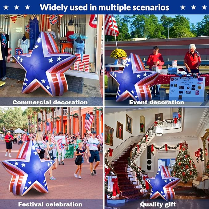 Patriotic Inflatable 5.4FT USA Star 4th of July Inflatable Yard Decorations Outdoor Holiday LED Blow up Decor for American Decorations Advertising Business Promotion