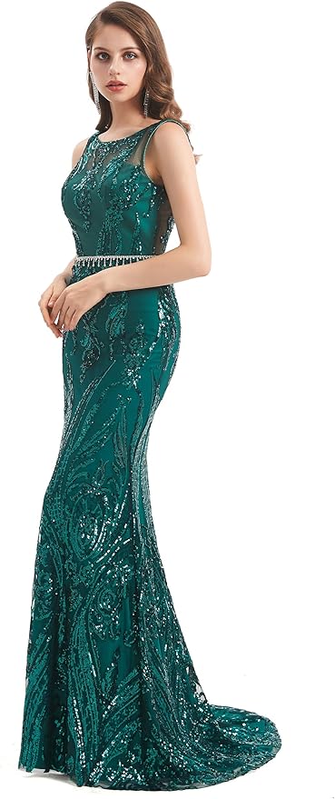 Women's Double V-Neck Sequins Lace-up Mermaid Evening Dress