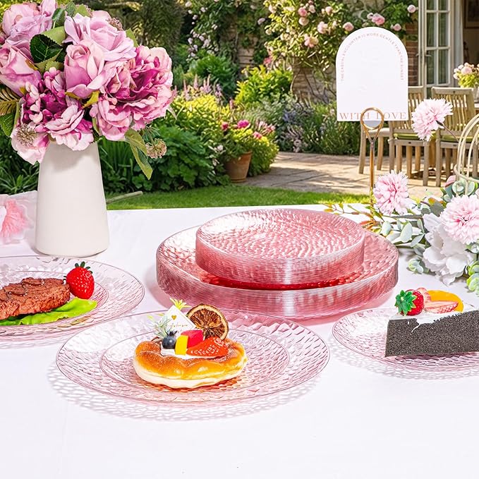 Rubtlamp 60PCS Pink Plastic Plates, Disposable Pink Plates with Hammered Design, Heavy Duty Plastic Platos Fancy Party Platos Include 30 Dessert Plate & 30 Dinner Plate for Bridal Wedding