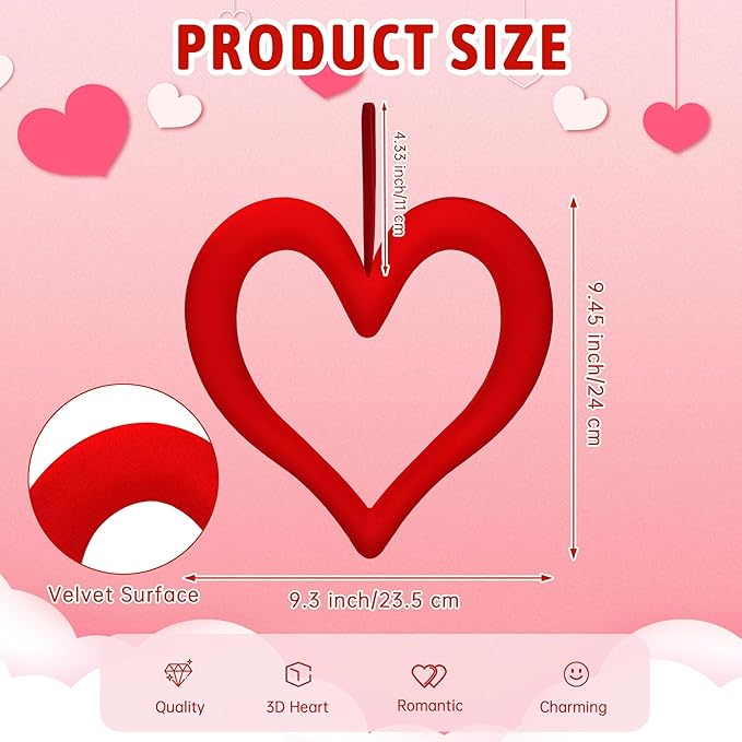 Aneco 6 Pieces Valentine‘s Day 3D Velvet Heart Hanging Ornament 9.45 Inch Foam Heart Wreaths for Valentine‘s Day Wedding Anniversary Front Door Home Decor, Red and Pink