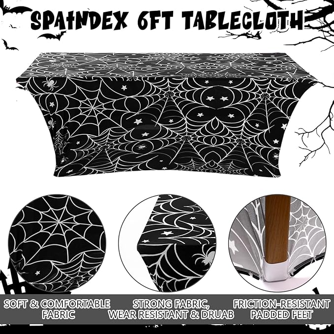 Oudain 2 Pcs Halloween Stretch Table Cover 6 Feet White Black Spider Web Spandex Table Clothes Gothic Spider Cobweb Scary Party Decorations for Halloween Home Decorations Party Celebration