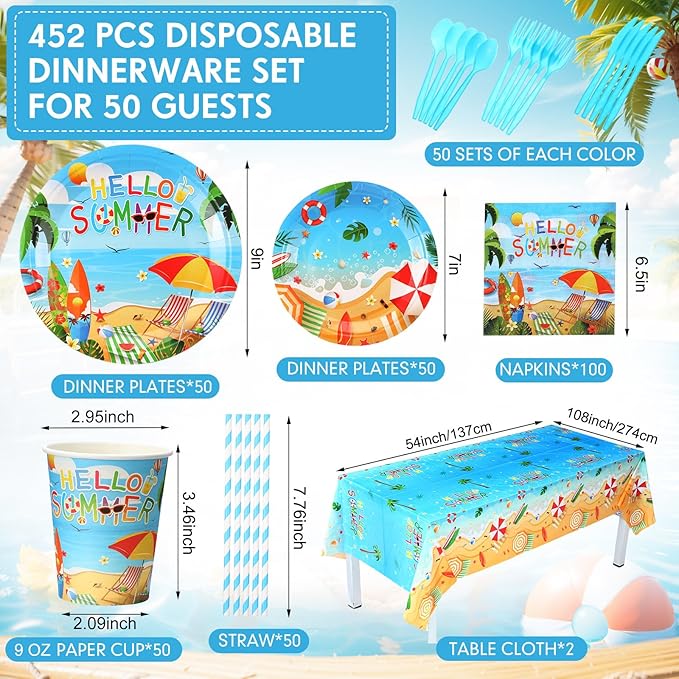 452 Pcs Hello Summer Party Decorations Beach Party Supplies for 50, Summer Beach Paper Plates Napkins Cups Tablecloth Cutlery Straws for Hawaiian Tropical Pool Birthday Decorations
