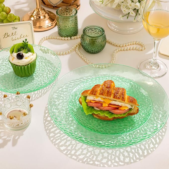 Rubtlamp 60Pcs Green Plastic Plates, Heavy Duty Disposable Plates With Hammered Design, Green Party Disposable Plate Include 30 Dinner Plate, 30 Salad Platos, Fancy Plastic Platos