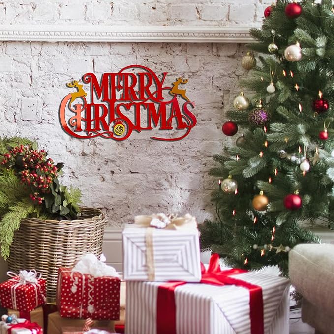Metal Merry Christmas Wall Decor Christmas Sign Letter Decorative Hanging Plaque Suitable For Indoor Outdoor Room Yard Holiday Decoration