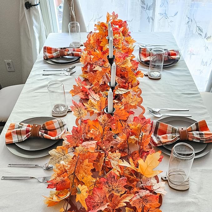 CQURE 8 Pack Fall Leaf Garland, Hanging Fall Vines Autumn Garland Artificial Maple Fall Leaves Thanksgiving Decor for Home Wedding Fireplace Party