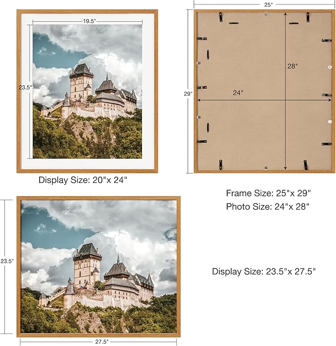 Axeman 24x28 Solid Teak Wood Frame With Mat for 20x24 - Tempered Glass and Hanging Hardware Included Natural Teak Home Decor Art Hanging Frame, Natural Teak