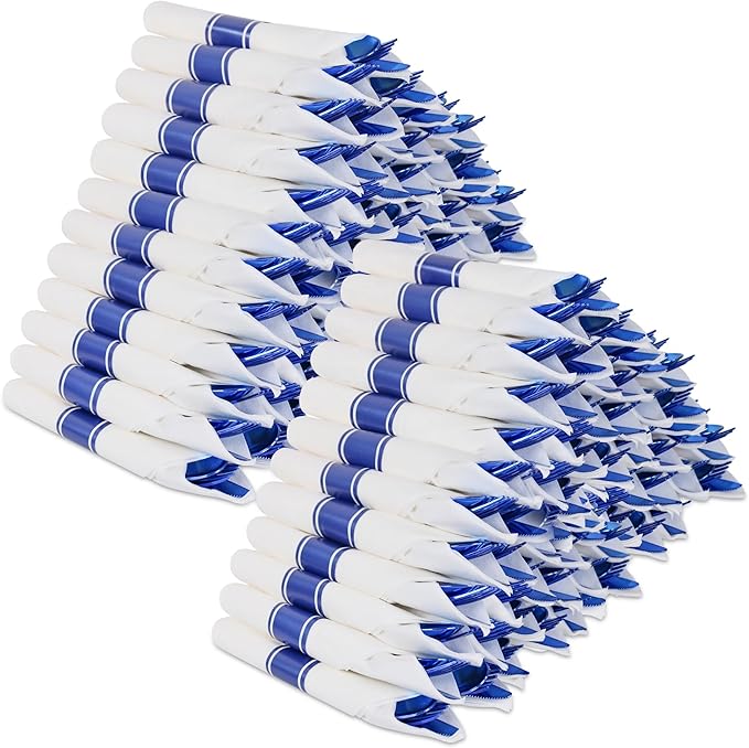 400 PCS Pre Rolled Cutlery Sets, Premium Blue Plastic Flatware Sets Wrapped in Napkin, Disposable Cutlery Set with 100 Forks, 100 Knives, 100 Spoons, 100 Napkins for Upscale Wedding, Party, Dinner