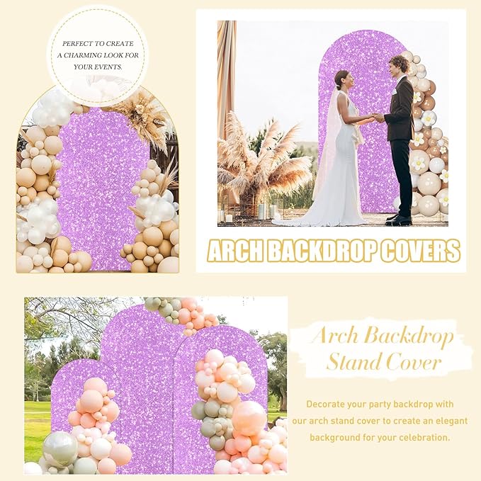 FUHSY Lavender 7.2FT Spandex Arch Cover Sequin Arch Cover Backdrop Fabric Glitter Chiara Arched Cover Wall 2-Sided Covers for Arches Lilac Shimmer Backdrop for Gender Reveal Birthday Event