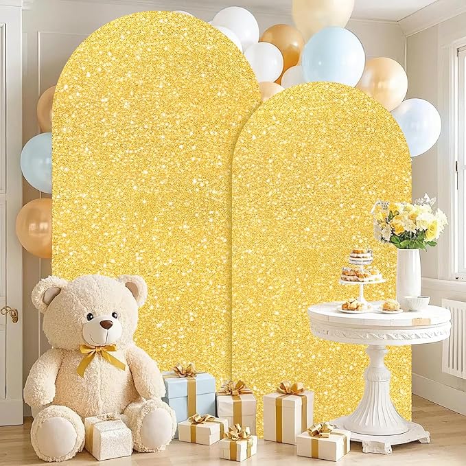 FUHSY Set of 2 Arch Backdrop Cover Gold Wedding Arch Covers 7.2FT, 6FT Chiara Arched Covers Stretchy Backdrops Sparkle Spandex Sequin Backdrop Arches Cover for Balloon Birthday Party Graduation Decor
