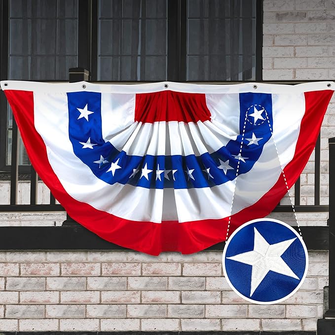 G128 - USA Pleated Fan Flag, 5x10 Feet American USA Bunting Decoration Flags Embroidered Patriotic Stars & Sewn Stripes Canvas Header Brass Grommets