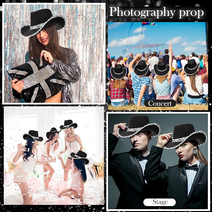 Hercicy 6 Pack Western Cowboy Hats with Rhinestone Tassel Bands Sequin Trim Sparkly Cowgirl Party Hats for Adults Women Men
