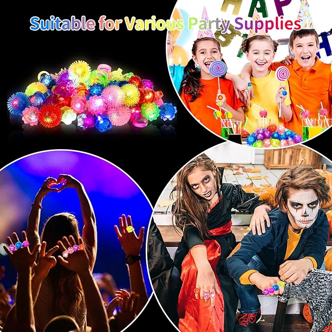 65 Pack Light Up Rings Glow in The Dark Party Supplies, Glow Rings Bulk Party Favors for Kids Adults, LED Colorful Rubber Ring Surprise Gifts for Birthday Christmas Halloween Party Decorations
