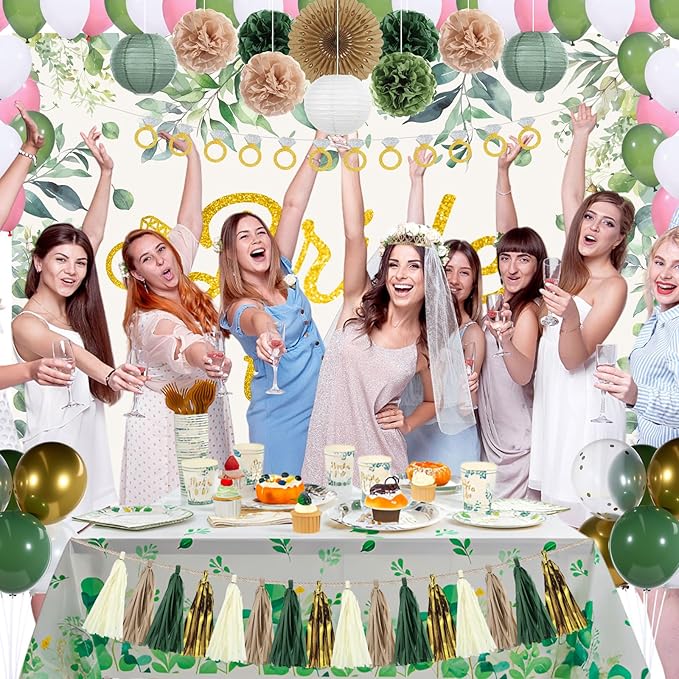 265 Pcs Sage Green Bridal Shower Decorations Eucalyptus Bachelorette Party Decoration Bride to Be Disposable Dinnerware Set with Tablecloth Veil Tablecloth Photo Booth Props, Serve 25 Guest